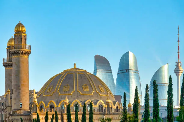 Azerbaijan - Taza Pir Mosque and Flame Towers, Baku, Azerbaijan