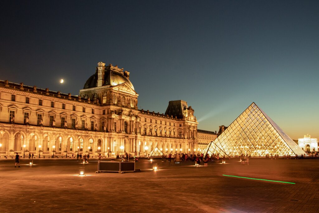 Paris - museum Pyramid Facade Illuminated